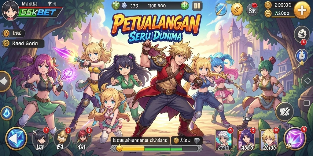 Screenshot gameplay seru 55KBET dengan karakter anime.