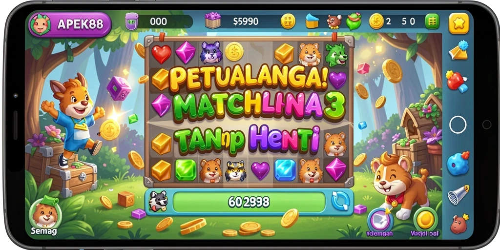 Gameplay seru APEK88 dengan tantangan Match-3 berwarna.