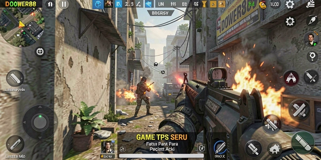 Screenshot gameplay DOWER88 menunjukkan aksi tembak-menembak yang intens.