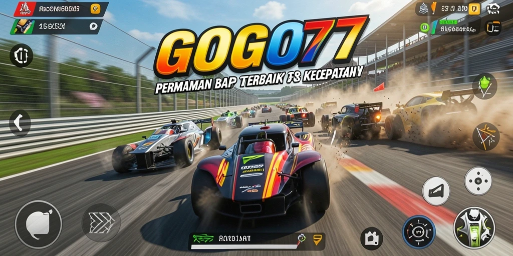 Screenshot utama GOGO77 menunjukkan balapan seru dengan mobil berkecepatan tinggi.