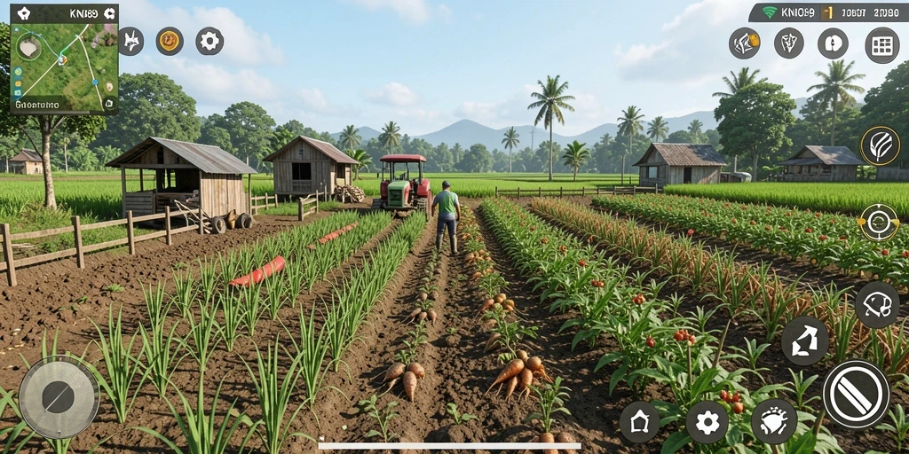 Tampilan gameplay KNO89 dengan ladang yang subur dan hewan ternak.