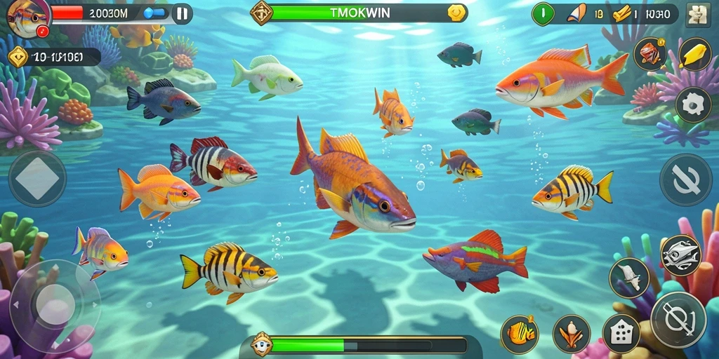 Screenshot TMOKWIN menampilkan aksi seru berburu ikan.